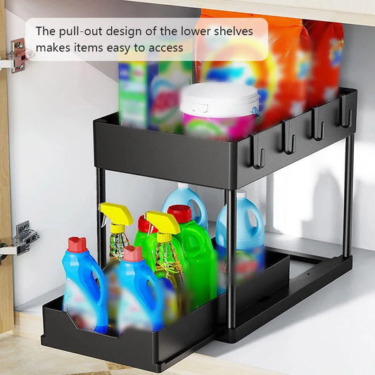 Kitchen Shelf Pull Out Organiser Sliding Cabinet Basket Organizer with Hooks 2 Tier Multi-Functional Bathroom Storage Shelf