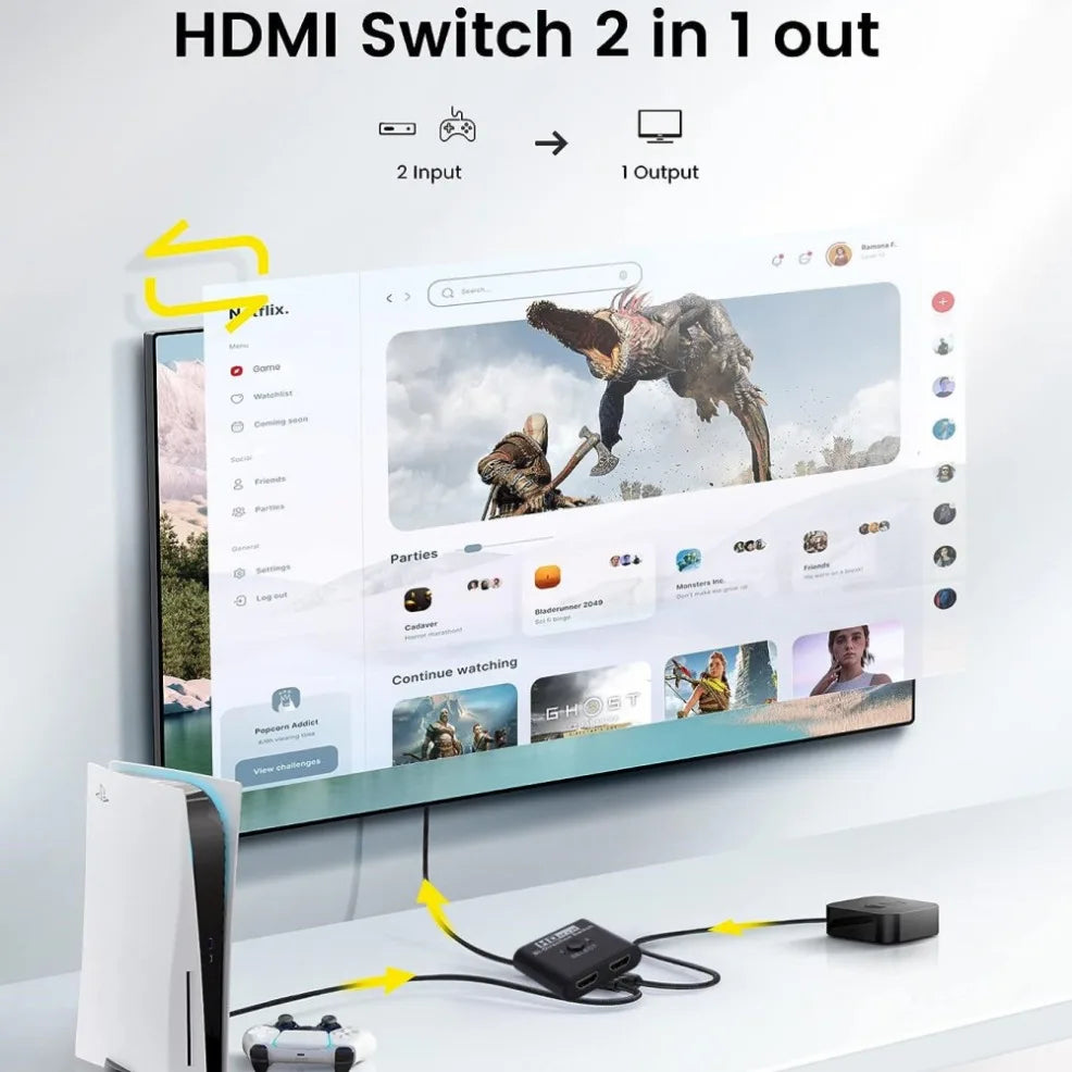 8K 60Hz HDMI Switch 4K 120Hz Bi-Direction 2 Ports HDMI Splitter Switch for Laptop PC Xbox PS3/4 TV Box to Monitor TV Projector