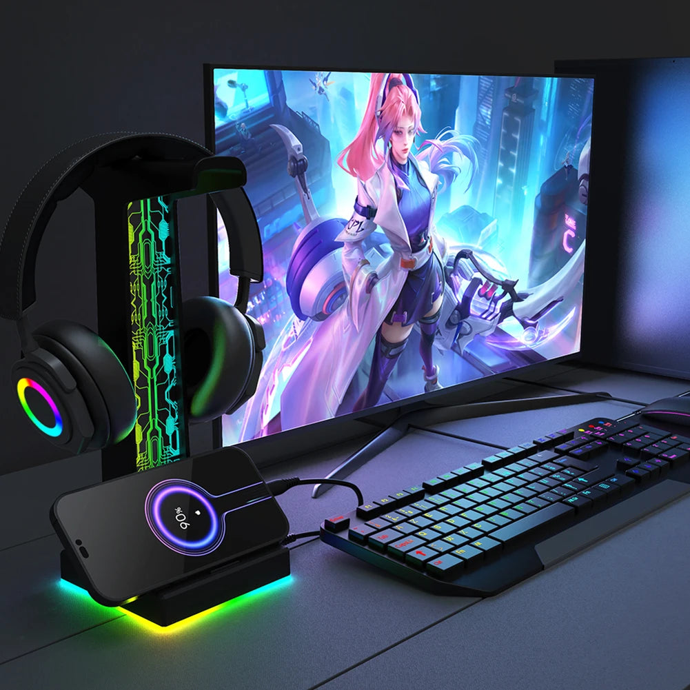 Desktop Gaming Headset Hanger Bracket RGB Headphone Holder Stand with 2 USB Charger Ports Earphone Rack For PUBG Computer Gamer