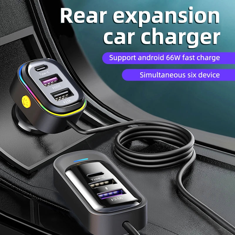 81W Car Charger Adapter 6 in 1 Back Row with Clips Fast Charging Type C Slot Universal 81w 12v-24v Super Fast Car Charging