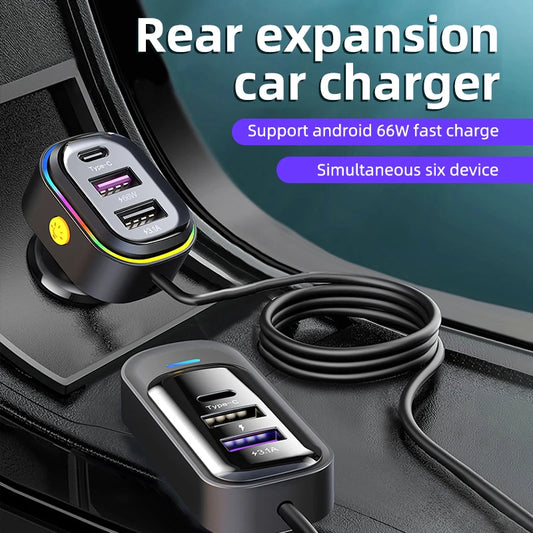81W Car Charger Adapter 6 in 1 Back Row with Clips Fast Charging Type C Slot Universal 81w 12v-24v Super Fast Car Charging