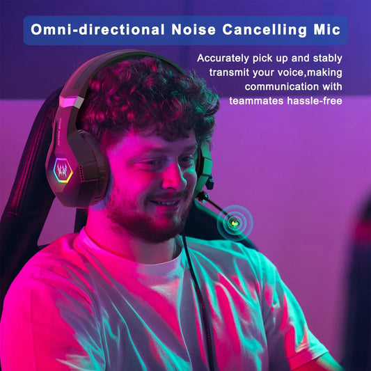 Wired Gaming Headset with Noise Cancelling Mic Compatible With PC PS4 PS5 Xbox Surround Sound RGB Light Over Ear Design