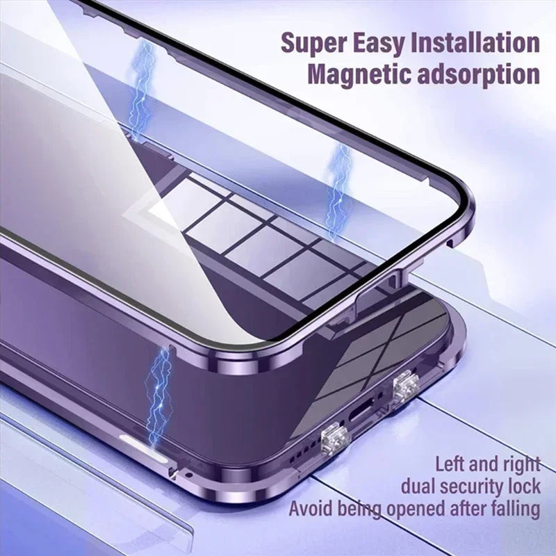 Double Sided Buckle Magnetic Glass Case For iPhone 17 16 15 14 13 12 Pro Max Air Mini Plus 360° Full Body Protection Phone Cover