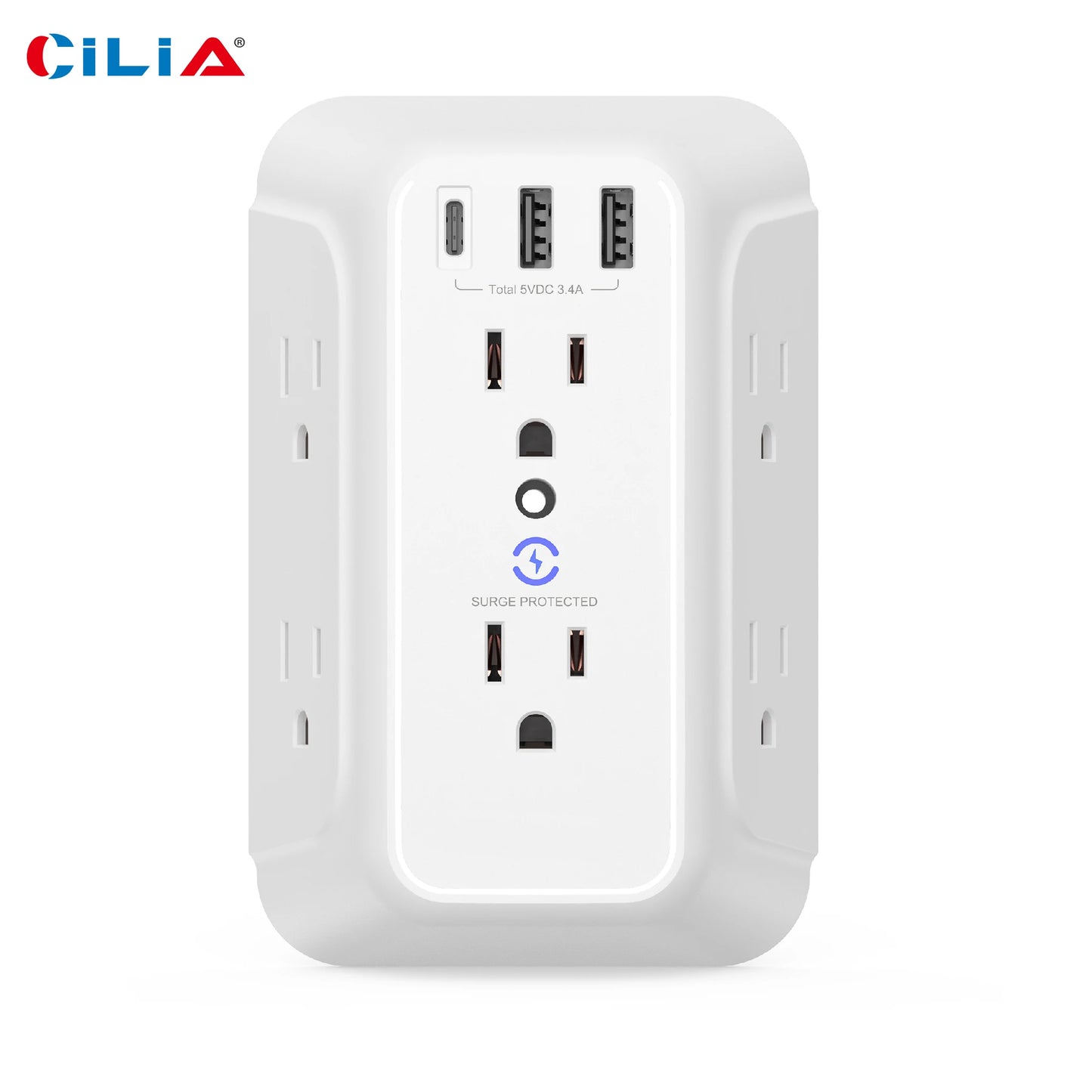Surge Protector,Wall Plug ,Power Outlet Multi-Purpose Socket with Standard Grounding US Standard Power Extension，2USB,1Type-C