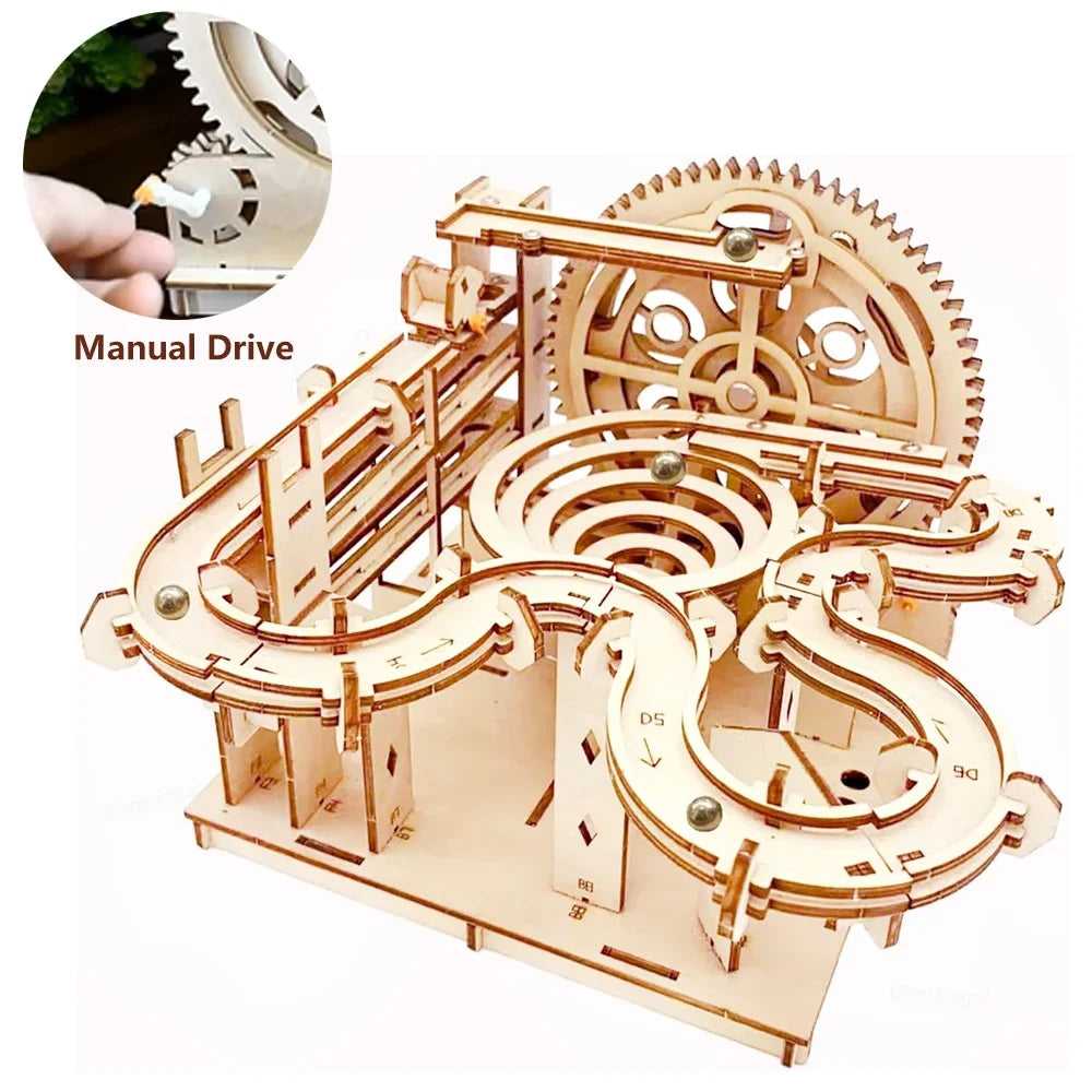 3D Wooden Puzzle DIY Building Kits Mechanical Model Marble Run Set with 4 Balls Creative STEM Toys for Adults Kids Birthday Gift