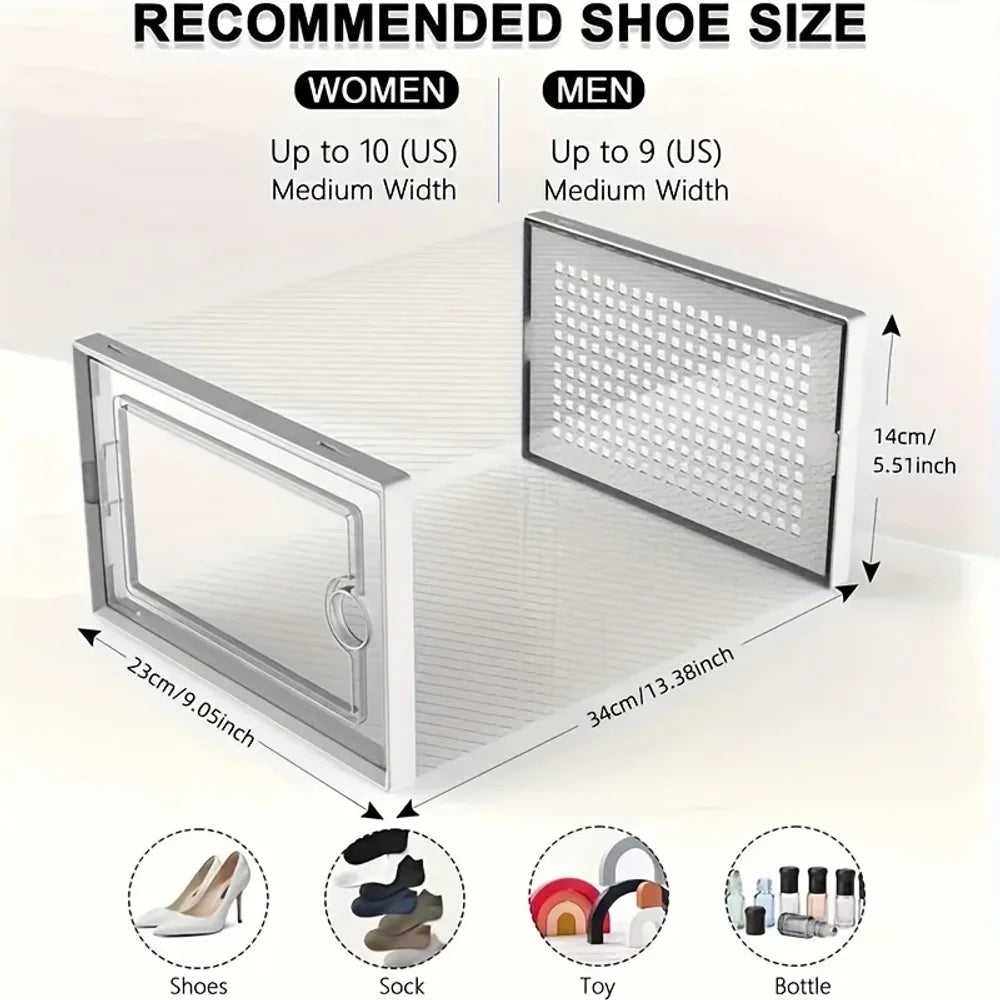 6 Pc Large Capacity Modular Space-Saving Shoe Box, Transparent Plastic Stackable with Lid, Sneaker Display Box, B