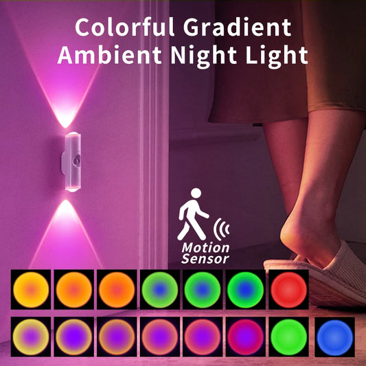 RGB Gradient Ambient Light Rechargeable LED Night Light Motion Sensor Wall Sunset Lamp Dimmable Magnetic Closet Bedroom Lamps