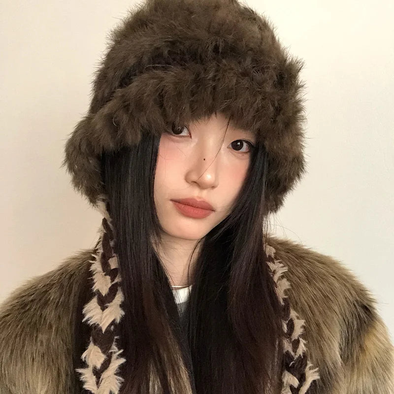 Rabbit Hair Mixed Wool Hat For Women Autumn And Winter Style Thickened And Warm Knitted Hat Cold-Proof And Ear-CoveringEd Hat