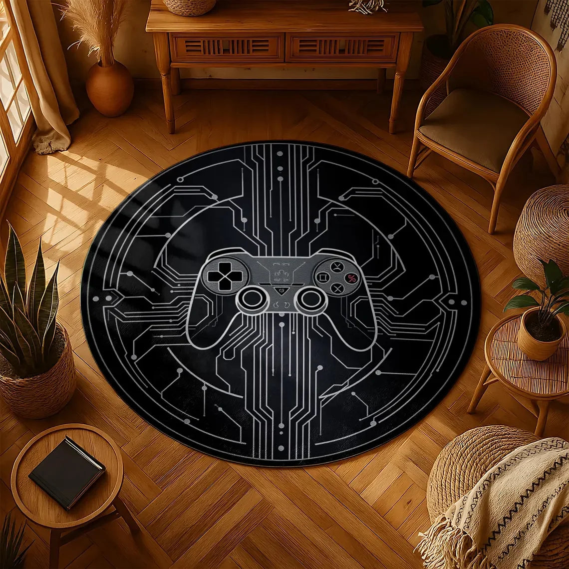 Gamer Controller Round Rug Cool Black Circuit Board Carpet for Gaming Rooms, Teens, Man Caves & Geek Decor Floor Mat