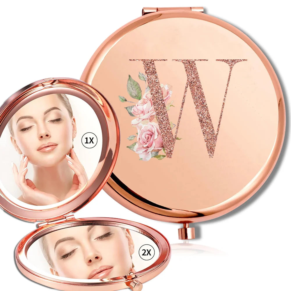 Magnifying Makeup Round Mirror Double Sided Metal Cosmetic Portable Look Glass Compact Handheld Mirror Rose Gold Letter Pattern