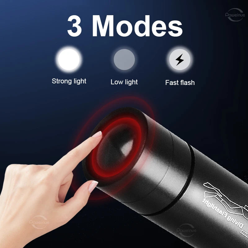 Powerful LED Diving Flashlight Zoomable Underwater Torch  Professional Diving 300M Dive Lights IPX8 Waterproof Fishing Lantern
