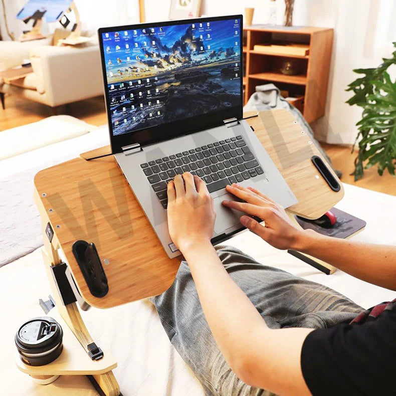 Desktop computer stand, portable and foldable stand, multi-functional reclining desk, made of wood, 360° adjustable laptop stand