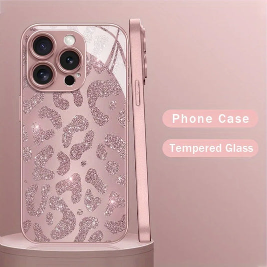 Fashion Pink Leopard Print Metallic Paint Glass Hard Phone Case For iPhone 17 15 16 11 12 13 14 Pro Max Plus 16E 17Air Cover