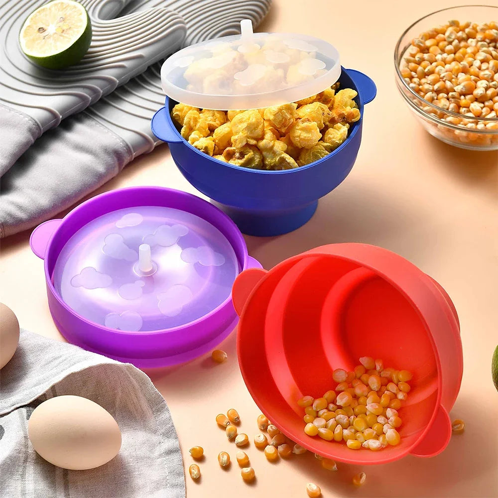1/3Pcs Microwave Popcorn Bowl Bucket Silicone DIY Red Popcorn Maker with Lid Chips Fruit Dish High Quality Kitchen Easy Tools