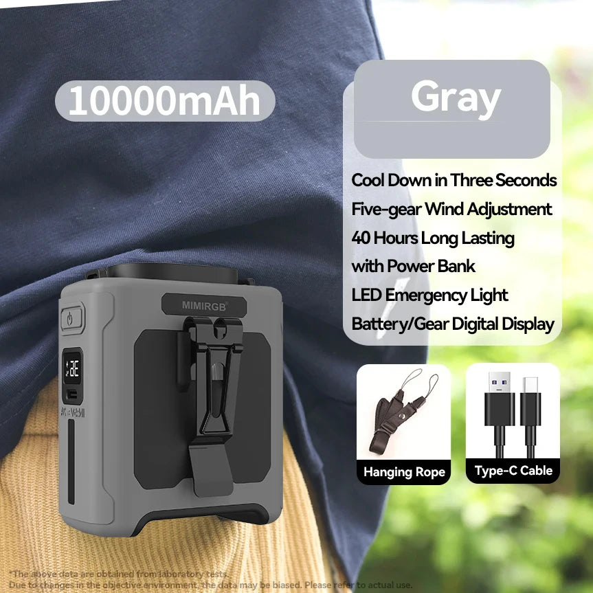 10000mAh Portable Waist Fan LED Lighting Hanging Neck Fan with Power Bank 5 Speed Strong Airflow Cooling Fan for Outdoor Working