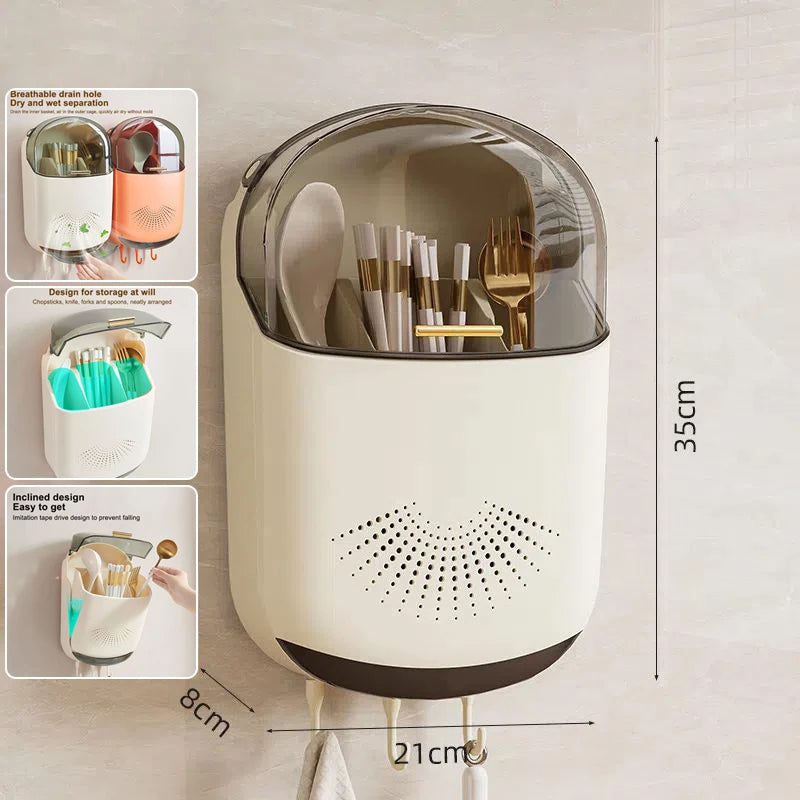 Kitchen Cutlery Storage Box Wall Mount Tableware Storage Holder with Lid Dustproof Spoon and Chopstick Organizer Drain Racks