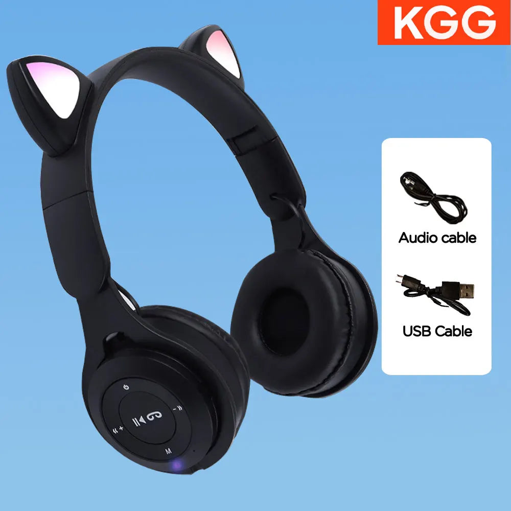 Cat Ears Headphones Flash Light Wireless With MIC Control LED Kid Girl Stereo Cute Music Helmet Bluetooth Phone Headset Earphone