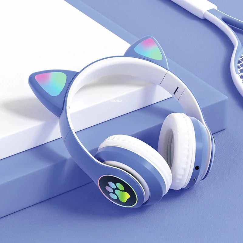 Flash Lamp Cute Cat Ears Headphone Bluetooth5.0 Stereo With Mic Support TF Card Wireless Kids Girl Earphone Birthday Gift