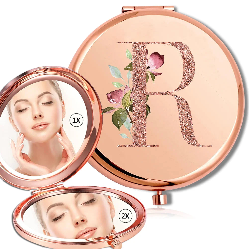 Magnifying Makeup Round Mirror Double Sided Metal Cosmetic Portable Look Glass Compact Handheld Mirror Rose Gold Letter Pattern