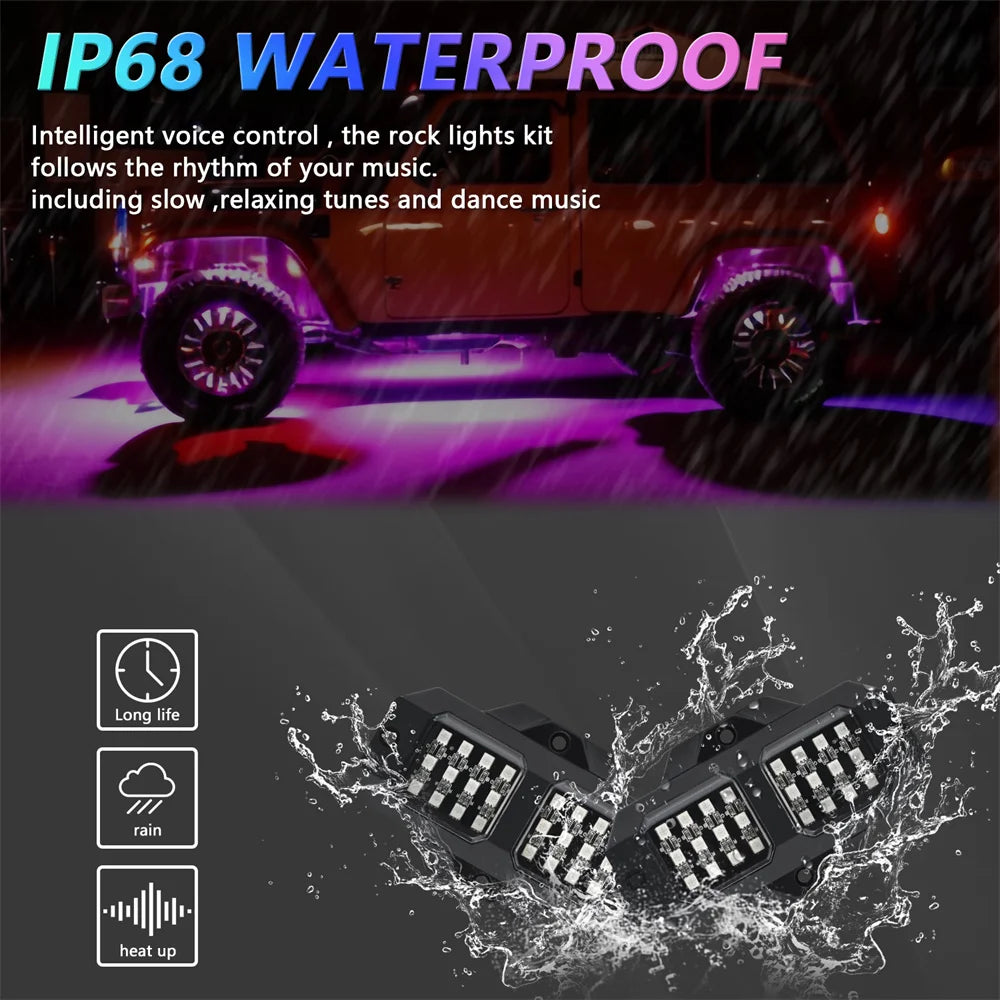 Latest Version Car Undergolw Light 4 in 1 RGB LED Rock Lamp Atmosphere Lights Cars Chassis Ambient Lighting APP Control