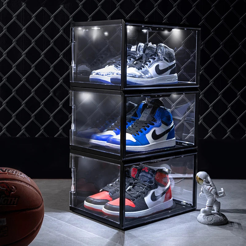 Sound Activated Plastic Led Shoe Box Container Magnetic Custom Giant Transparent Led Shoe Boxes Stackable Led Shoe Storage