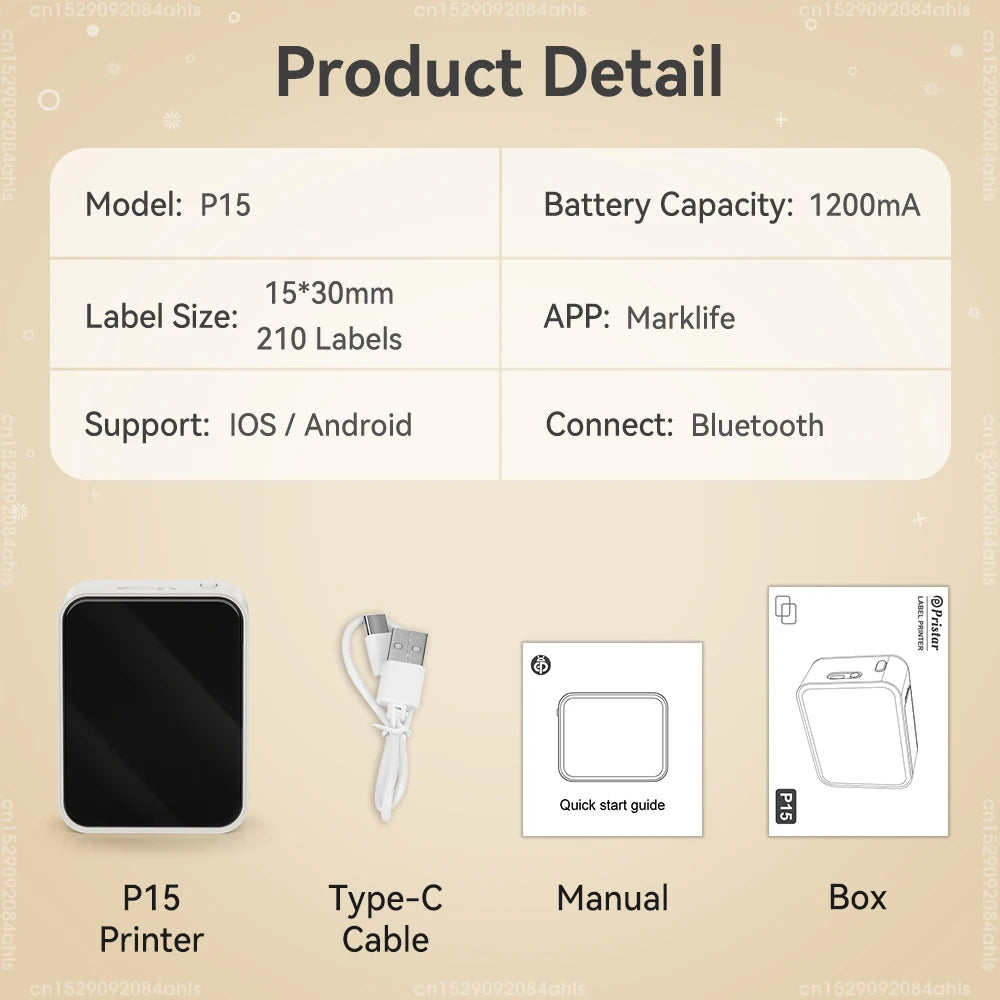 Mini Thermal Printer P15 Label Printer Portable Bluetooth Adhesive Sticker Labeller Inkless Labeling Machine with Thermal Paper