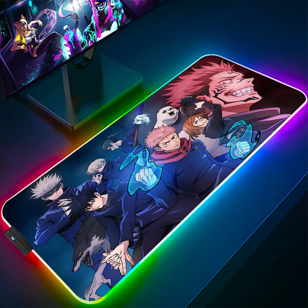 Jujutsu Kaisen Anime RGB Pc Gamer Keyboard Mouse Pad Gojo Satoru Mousepad LED Glowing Mouse Mats Rubber Gaming Computer Mats Xxl