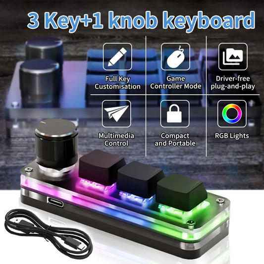 Mini USB Macro Mechanical Keyboard with 3 Keys 1 Knob RGB Gaming Custom Programming Switch Portable Keypads for Photoshop