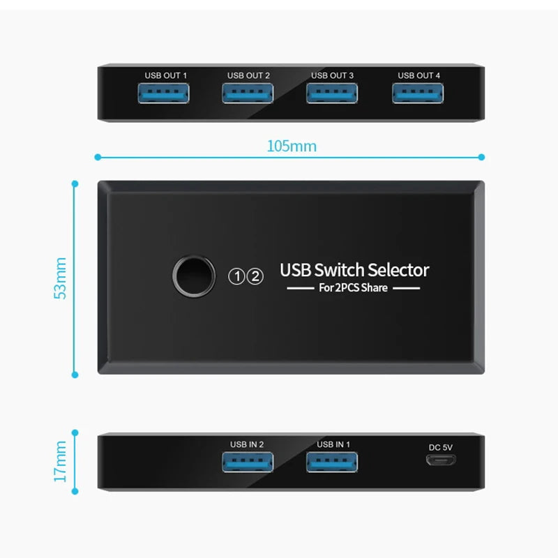 USB Switch Selector 2 Computers Share 4 USB Devices for PC Laptop Mouse Keyboard Printer Scanner One Button Switcher Box