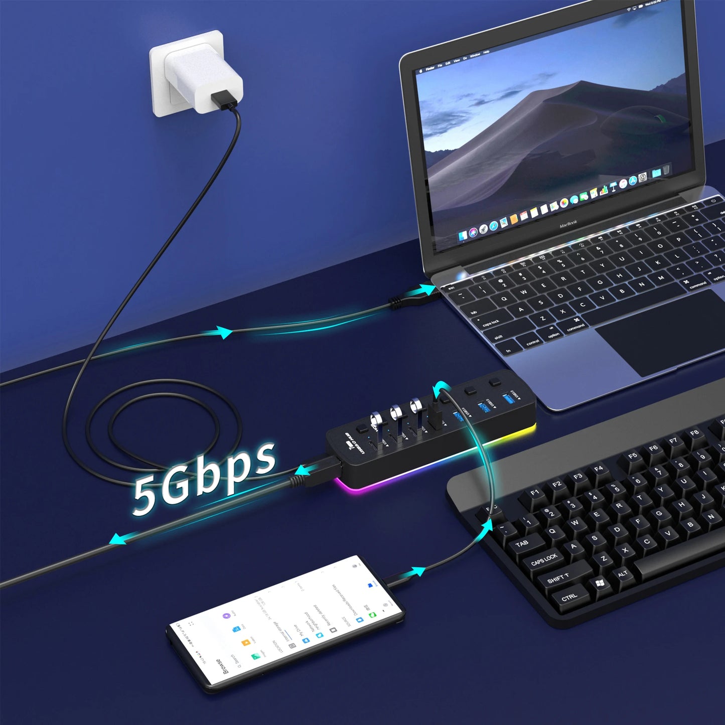 RGB USB 3.0 Hub 7 Ports Data Port Adapter 5Gbps Individual On/Off Switch Splitter Gaming USB Hub For Laptop PC Computer Accessor
