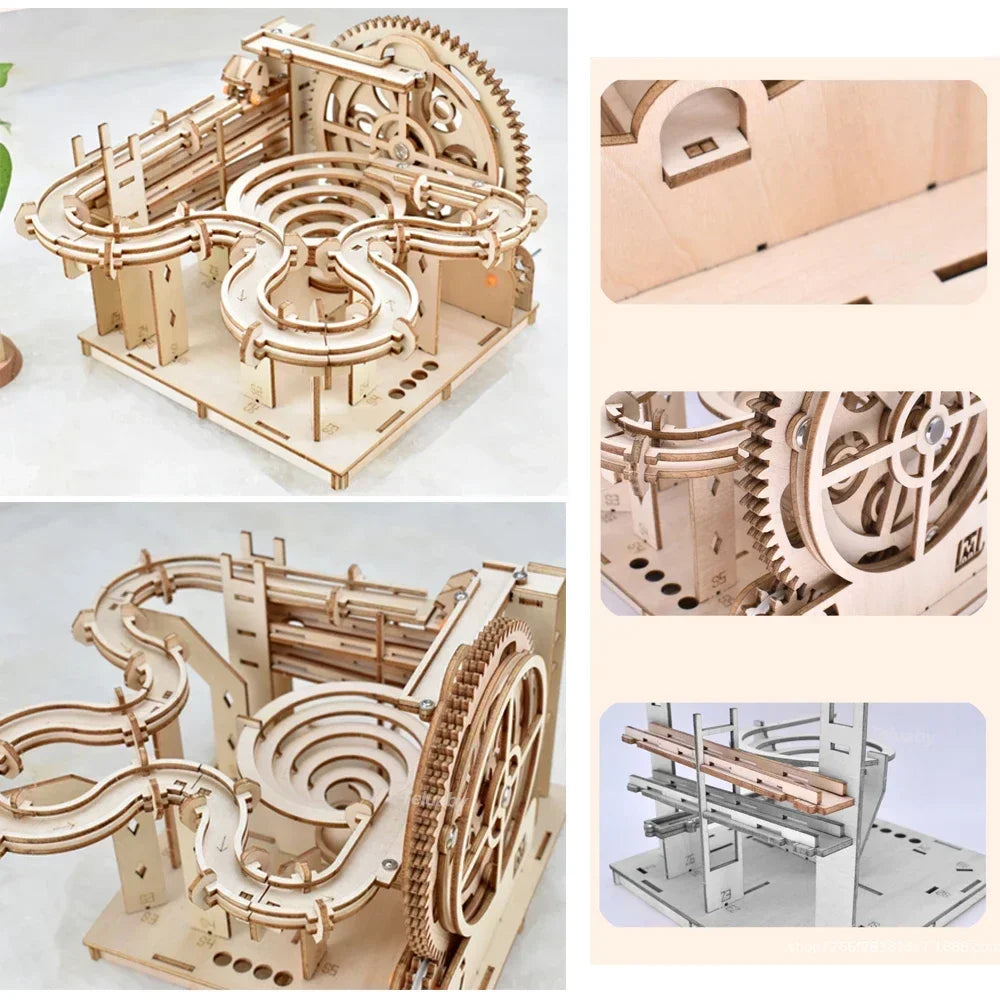 3D Wooden Puzzle DIY Building Kits Mechanical Model Marble Run Set with 4 Balls Creative STEM Toys for Adults Kids Birthday Gift