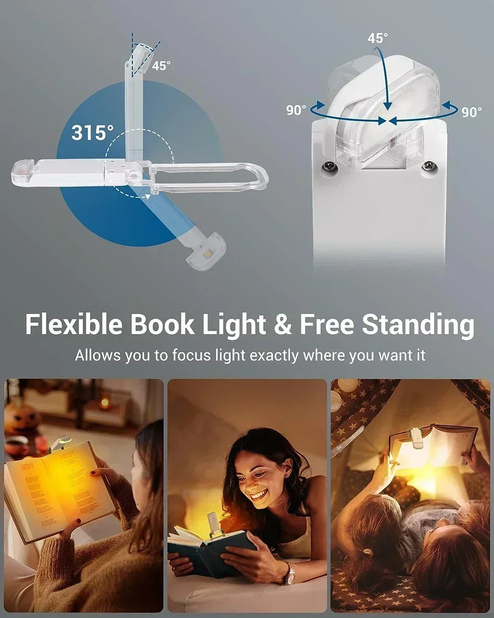 Book Light Brightness Adjustable for Eye-Protection USB Rechargeable LED Clip on Portable Bookmark Light for Reading in Bed Car