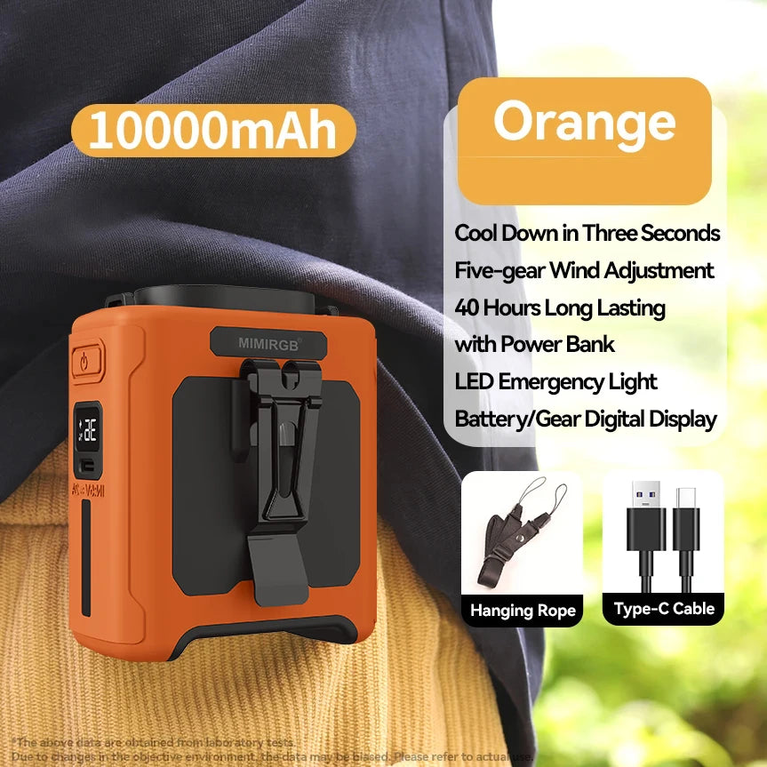 10000mAh Portable Waist Fan LED Lighting Hanging Neck Fan with Power Bank 5 Speed Strong Airflow Cooling Fan for Outdoor Working