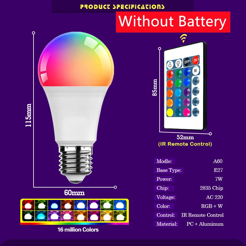 LED RGB Light Bulb AC 220V 230V E27 Bombillas LED 7W IR Remote Control Changeable Colorful RGBW Led Lamp Spotlight Bulb