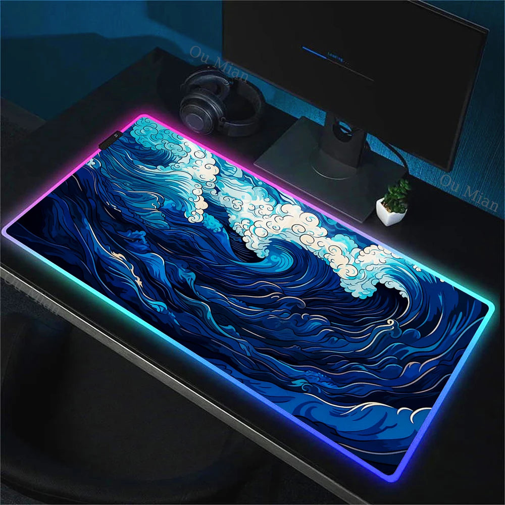 900x400mm RGB Mouse Pad The Great Wave off Kanagawa Design Waterproof Backlit Gaming Mousepad Protector with Laptop Accesso Mat