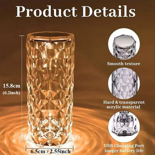 16 Colors LED Rose Light Projector Crystal Table Lamp Home Bar Decoration Touch Recharging Romantic Diamond Atmosphere Light
