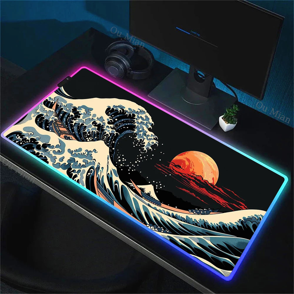 900x400mm RGB Mouse Pad The Great Wave off Kanagawa Design Waterproof Backlit Gaming Mousepad Protector with Laptop Accesso Mat