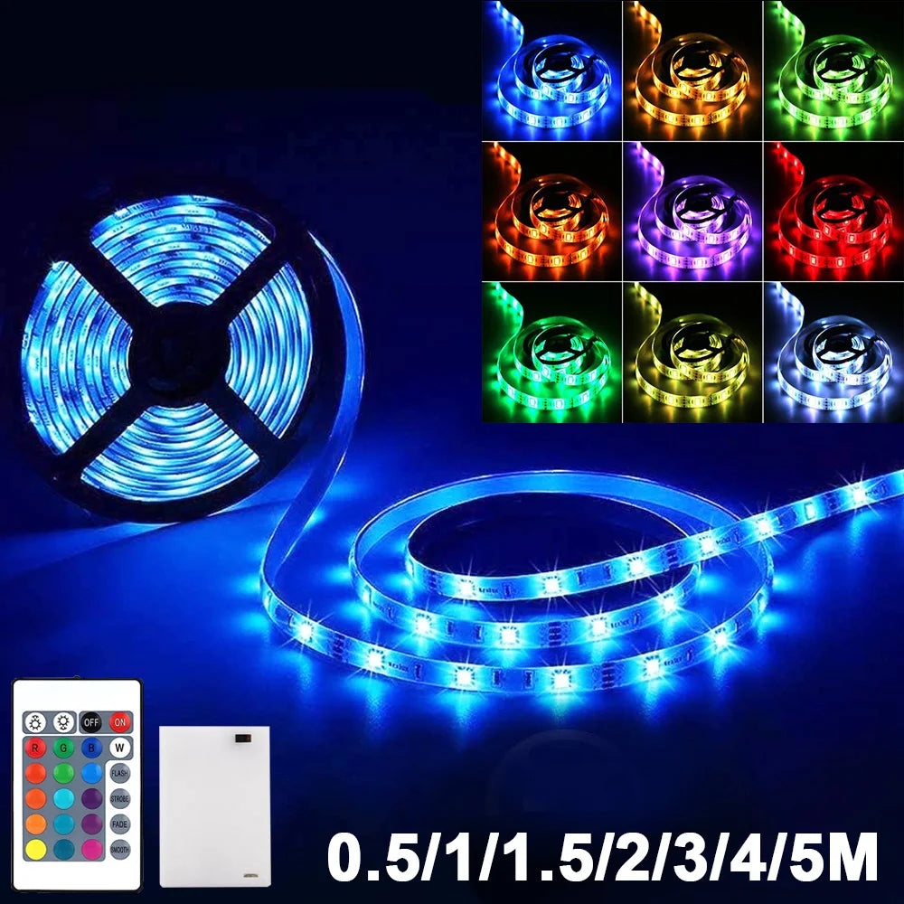 Battery LED Strip Lights RGB 5050 Color Changing TV Backlight IP65 Remote Control Indoor Outdoor Flexible Light Ribbon 1M-5M