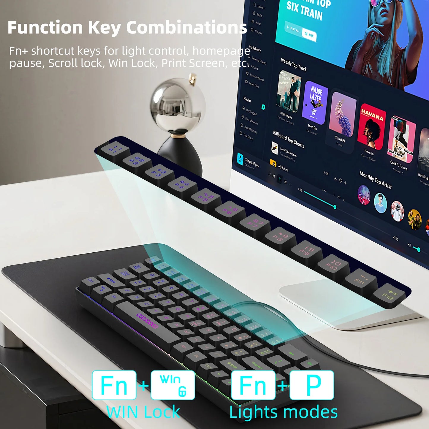 GOOJODOQ Mini 60% Gaming Keyboard Portable Wired Portable Wired Mechanical Keyboard RGB Backlit 68 Key Ultra-Compact Keyboard