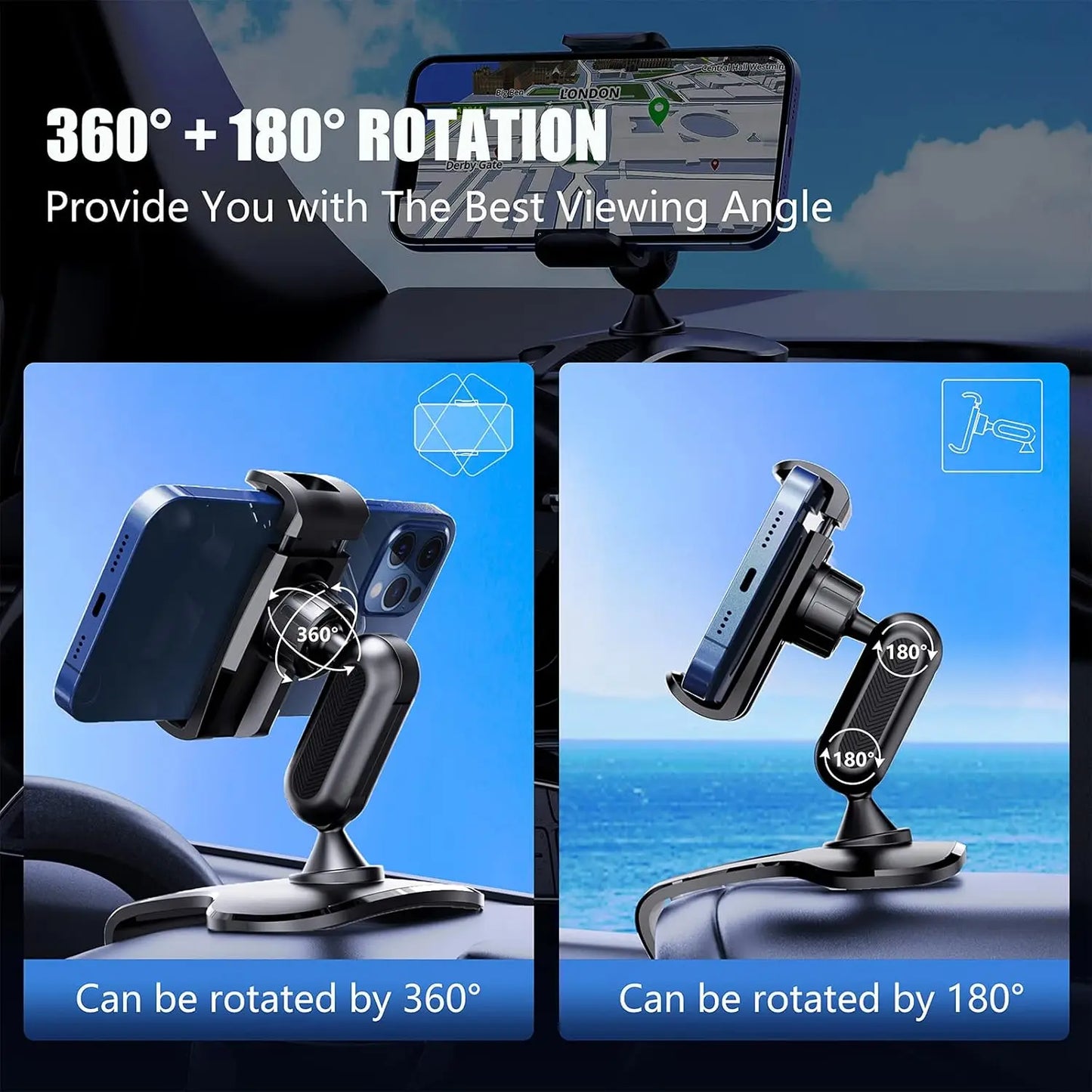 360 Degree Rotation Dashboard Cell Phone Holder for Car Clip Mount Stand Suitable for 4 to 7 inch Smartphones