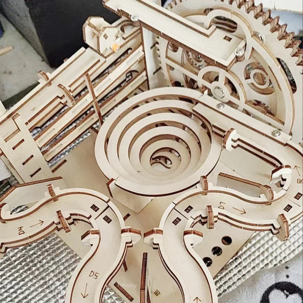 3D Wooden Puzzle DIY Building Kits Mechanical Model Marble Run Set with 4 Balls Creative STEM Toys for Adults Kids Birthday Gift