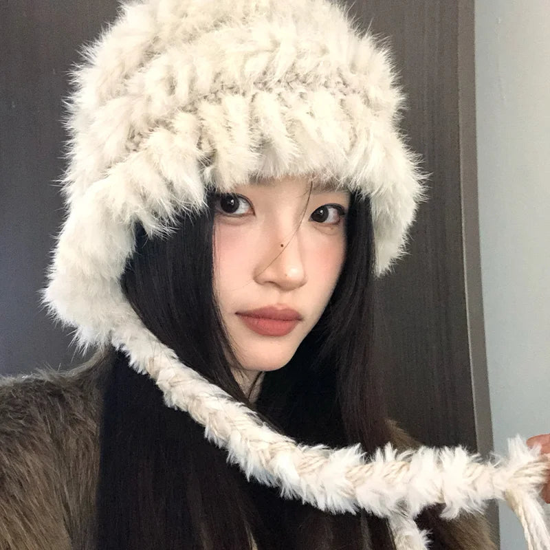 Rabbit Hair Mixed Wool Hat For Women Autumn And Winter Style Thickened And Warm Knitted Hat Cold-Proof And Ear-CoveringEd Hat