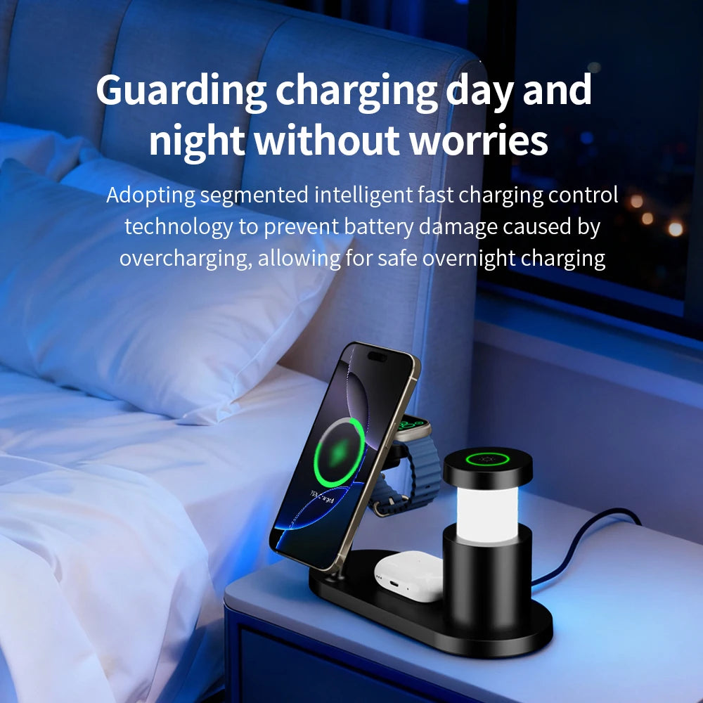Qi2.2 25W Wireless Magnetic Charger Multi-functional Fast Charging Station With Night Light for iPhone17 16 15 Watch Airpods