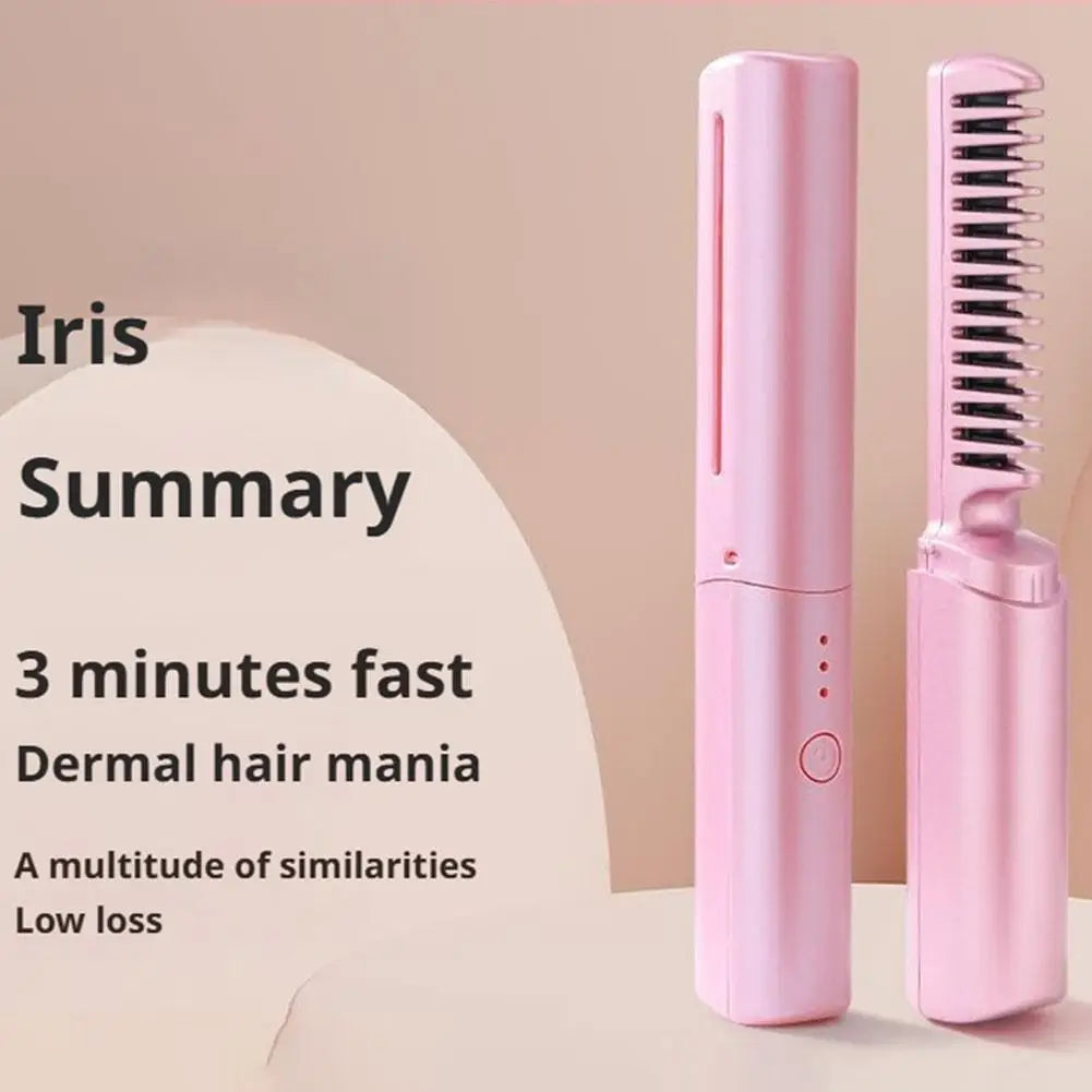 Cordless Hair Straightening Brush Negative Ion Fast Heating USB Charging Straight Curler Dual Use Home Travel Women Brush