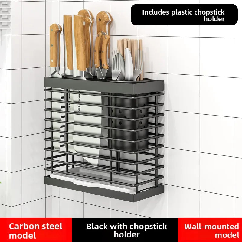 Kitchen Knife Ra Storage Holder Carbon Steel One-Piece Design Wall-Mounted No-Drilling Required for Chopstis And Utensils