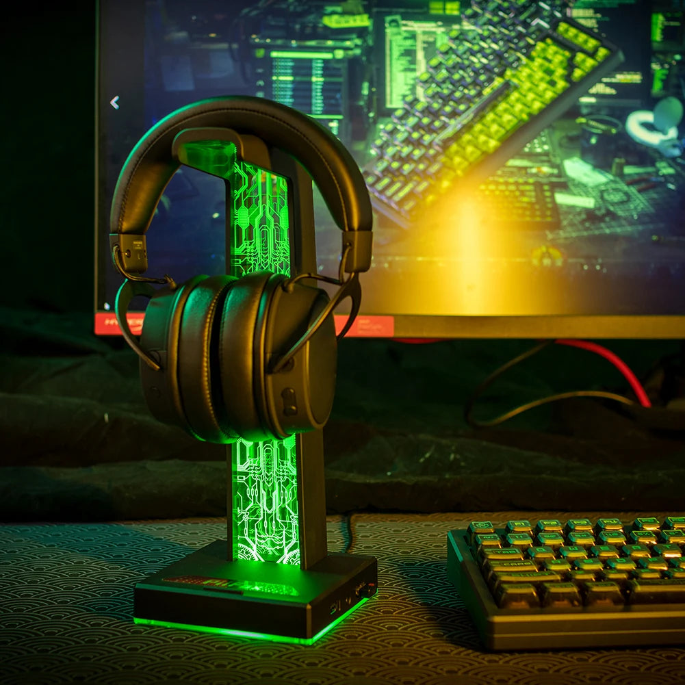 Desktop Gaming Headset Hanger Bracket RGB Headphone Holder Stand with 2 USB Charger Ports Earphone Rack For PUBG Computer Gamer