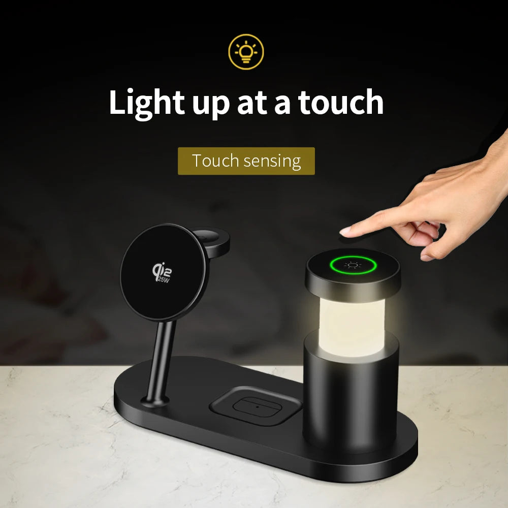 Qi2.2 25W Wireless Magnetic Charger Multi-functional Fast Charging Station With Night Light for iPhone17 16 15 Watch Airpods