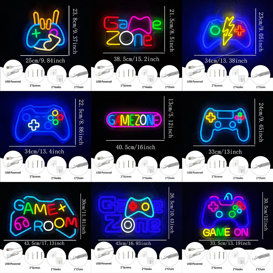 Game Zone Neon Sign, Gamepad Shaped LED Neon Sign for Gamer Room Decor, Game On Neon Sign for Boys Home Decor, 5V USB Powered