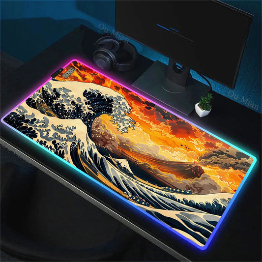 900x400mm RGB Mouse Pad The Great Wave off Kanagawa Design Waterproof Backlit Gaming Mousepad Protector with Laptop Accesso Mat
