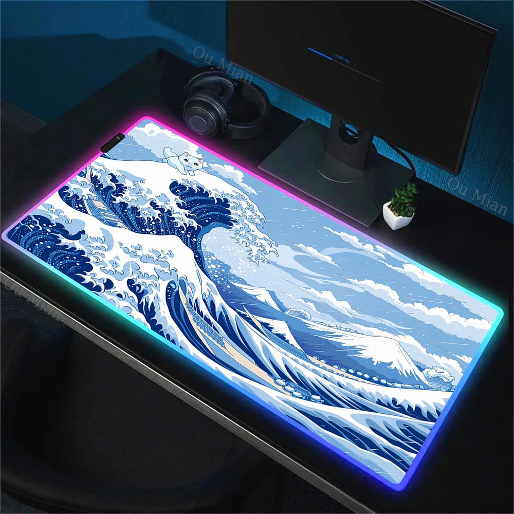 900x400mm RGB Mouse Pad The Great Wave off Kanagawa Design Waterproof Backlit Gaming Mousepad Protector with Laptop Accesso Mat